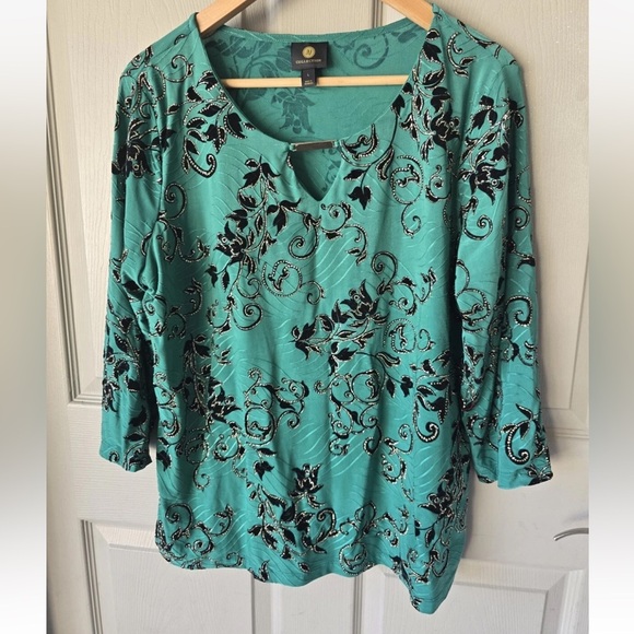 JM Collection Burnout Velvet Blouse Sz L Women Paisley Black Green Cutout Y2k - Picture 2 of 10